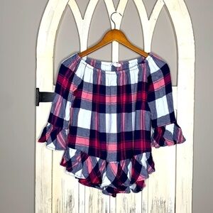 beachlunchlounge flannel off shoulder top